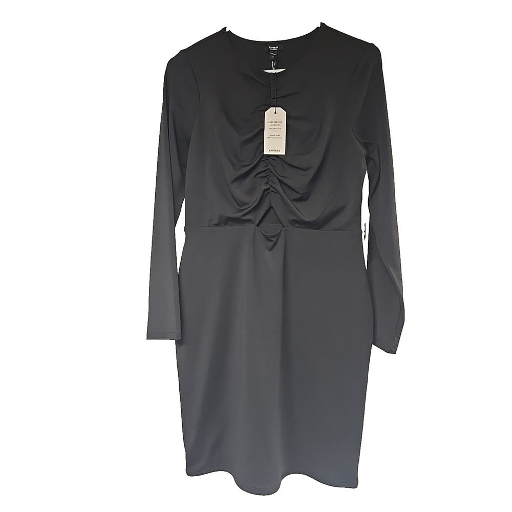 Express Body Contour Womens Dress Black Ruched Long Sleeve Bodycon Size M New